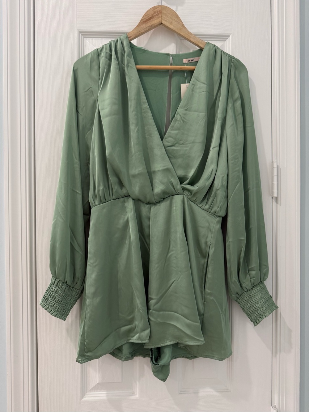 Francesca's Collections Sage Green Satin Wrap Bodysuit